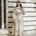 پیراهن گلدار با دستمال سر 659 کرم