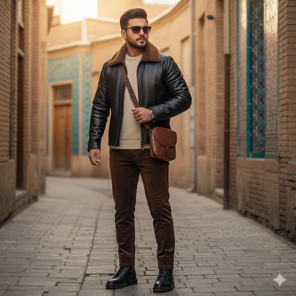 تصویر یک مرد جوان با استایل پاییزی مردانه ست مخمل کبریتی و ژاکت خلبانی