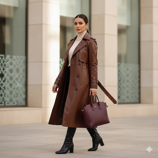 تصویر یک خانم جوان با استایل پاییزی ترنچ کت بلند چرمی شکلاتی و بافت یقه اسکی