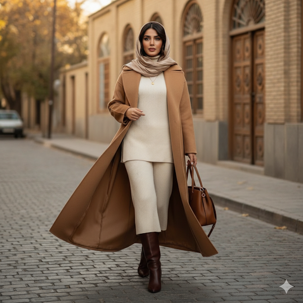 تصویر یک زن جوان با استایل مونو کروم قهوه ای کرمی پالتوی ماکسی پشمی و پوتین بلند