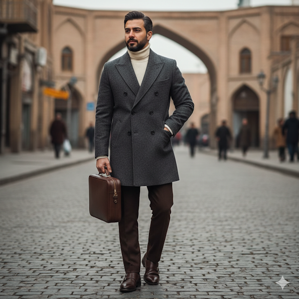 تصویر یک مرد جوان با استایل پاییزی و زمستانی اورکت پشمی و بافت یقه اسکی