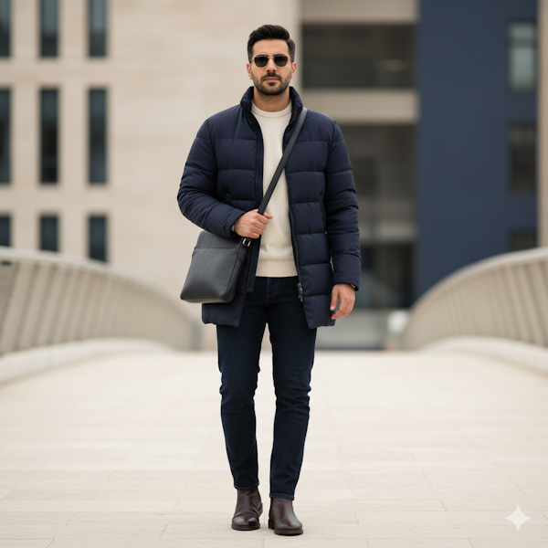 تصویر یک آقای جوان با استایل پاییزی و زمستانه مردانه ژاکت پافر صیقلی و جین تیره