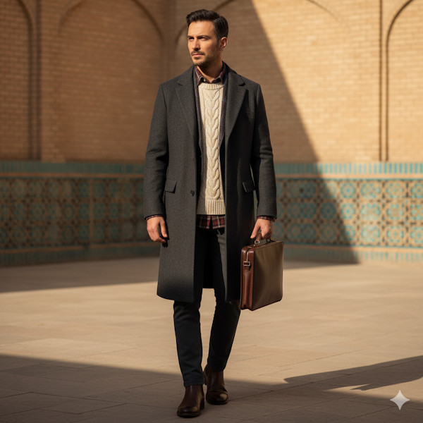 تصویر یک آقای جوان با استایل پاییزی و زمستانی استایل سه‌لایه کلاسیک با پیراهن فلانل