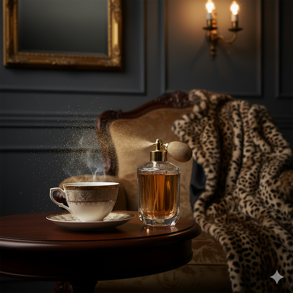 تصویر یک میز با عطر و یک کت خز لئوپارد در پس زمینه