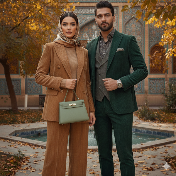 تصویر زوج آقا و ختنم جوان داخل حیاط سنتی ایرانی در اب و هوای پاییزی با استایل پاییزی کت و شلوار با پارچه مخمل کبریتی