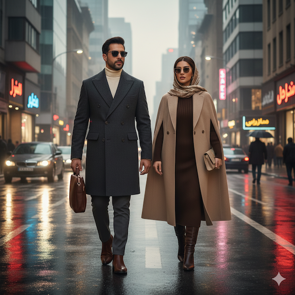 تصویر نشان دهنده دو مدل آقا و خانم با استایل شیک و لاکچری زمستانی ۲۰۲۵