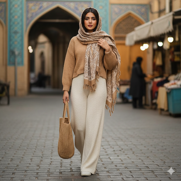 تصویر نشان دهنده یک مدل خانم در حال پیاده روی با شلوار بگ بافت و استایل پاییزی
