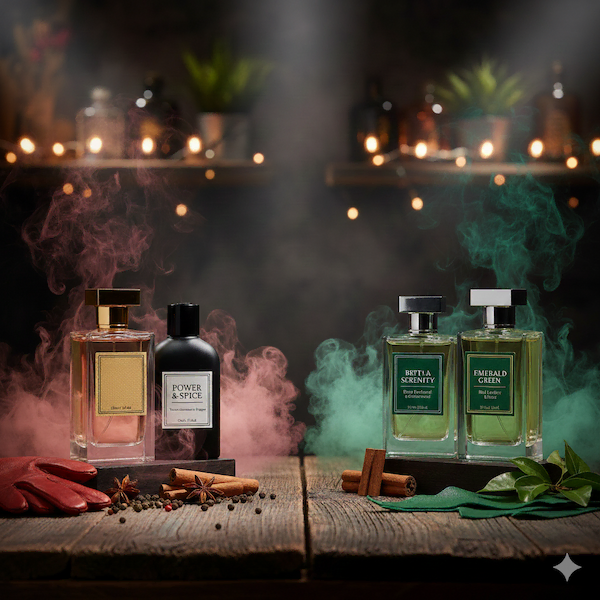 تصویر نشان دهنده 4 عطر مختلف که متشکل از بوهای چرمی، نعنایی و دارچینی و شرقی هستن