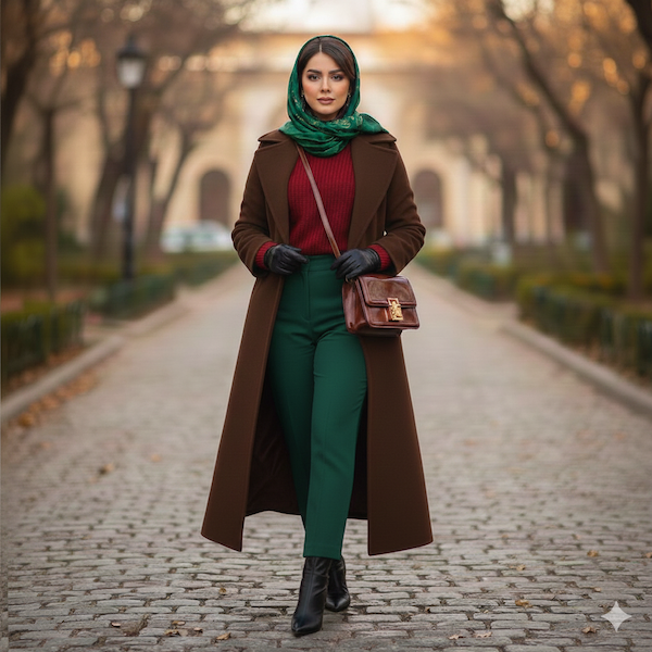 تصویر یک خانم با استایل زمستانی پالتو شکلاتی و شلوار سبز زمردی و پلیور قرمز و کیف دوشی ورنی چری