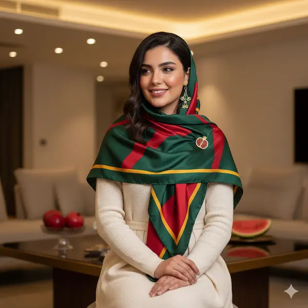 تصویر یک بانوی ایرانی با لباس سفید مایل به صورتی و یک روسری ساتن سبز زمردی با خطوط قرمز و حاشیه طلایی