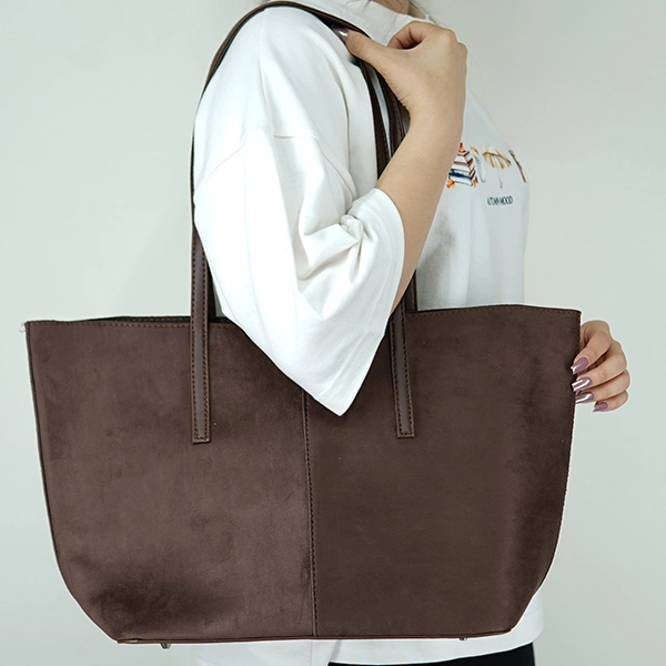 Women's Suede Bucket-Style Handbag with Stitched Handle - 959-4 (1)